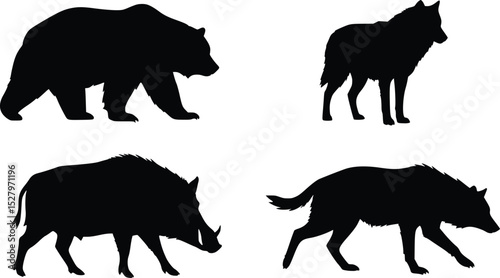 Dynamic black silhouette illustration of a walking bear, trotting wolves, and a boar with tusks
