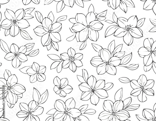 Sakura blossom pattern. Cherry flower seamless vector background. Floral japanese or chinese black line art. Spring vintage tree branch.elegant, graphic, japan, japanese, ornament, outline, print.
