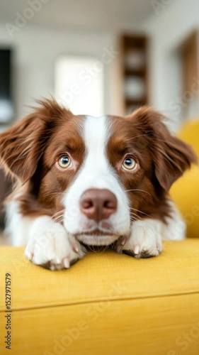 Adorable Australian Shepherd puppy rests its paws on a mustard yellow couch.