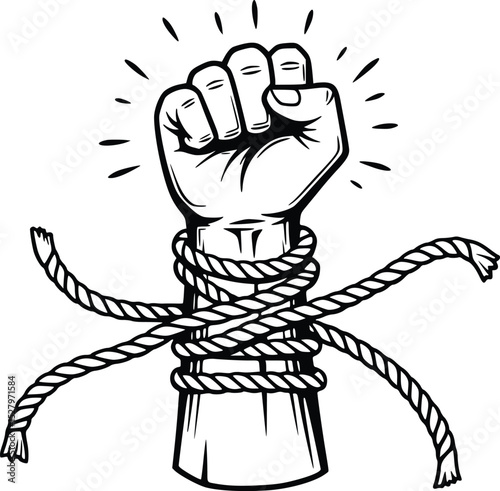 Illustration of a clenched fist tightly tied with ropes, representing resistance, empowerment, and overcoming obstacles