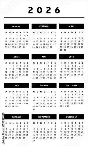 Calendrier 2026 en Allemand - Couleurs Noir et Blanc Format 3 Colonnes 4 Trimestres