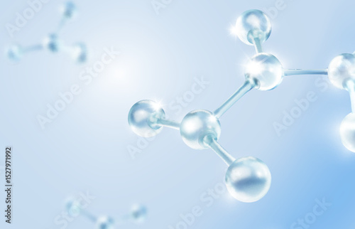 Molecules or atoms 3d model on blue background. Chemical structures, glass effect, biology, pharmaceutical science, cosmetic advertising.