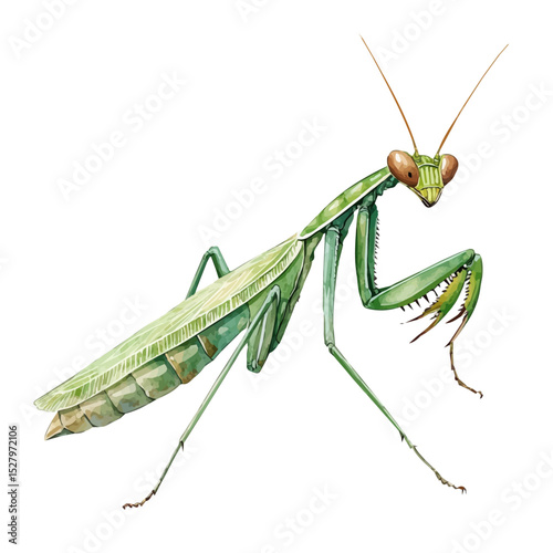 Praying Mantis, watercolor drawing vector, high quality, isolated on a white background.