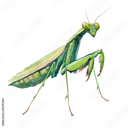 Praying Mantis, watercolor painting vector, high quality, isolated on a white background.