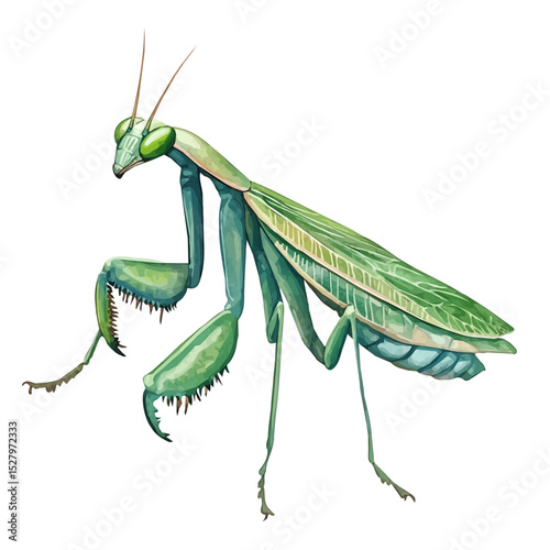 Praying Mantis, watercolor painting vector, high quality, isolated on a white background.