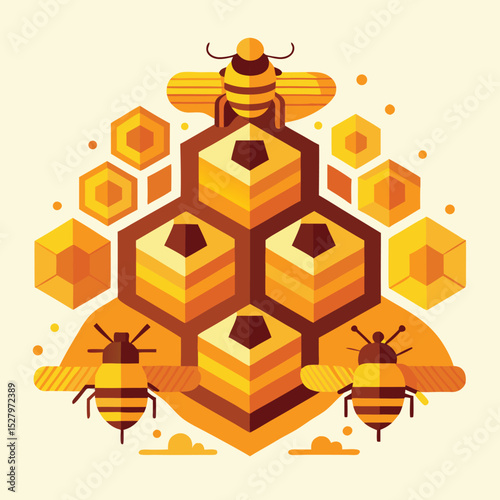 Stylized Beehive with Busy Bees Teamwork Concept