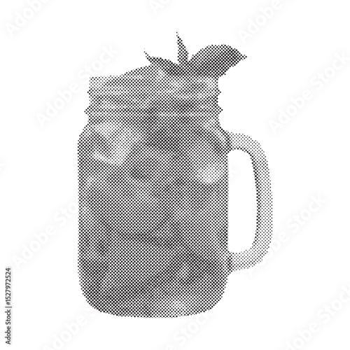Cold drink with peach and ice tea inside of a mason jar glass in retro halftone grunge style on isolated white background in vector