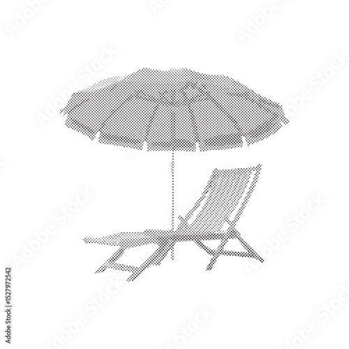 Beach umbrella with deck chair retro halftone grunge style on isolated white background