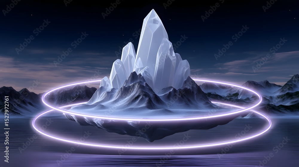 Obraz premium Floating crystal mountain surrounded by glowing rings in a mystical, geometric fantasy landscape.