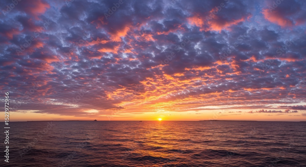 Obraz premium Colorful sunset over calm ocean; clouds scattered, golden horizon light reflecting in water