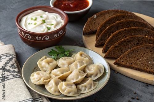 Russian Cuisine Set (Pelmeni + Sour Cream + Black Bread)