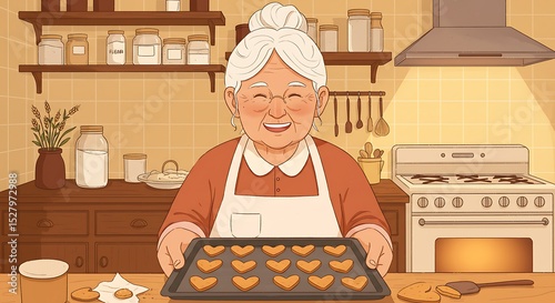 Happy Old Lady Smiling Grandma Holding Tray of Heart-Shaped Cookies in Cozy Kitchen (Illustration)