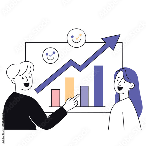 Business people analyzing upward trending charts and graphs data