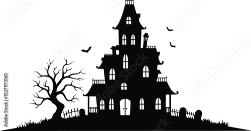 Silhouette of a spooky halloween haunted house with a twisted tree, flying bats, and eerie night scene
