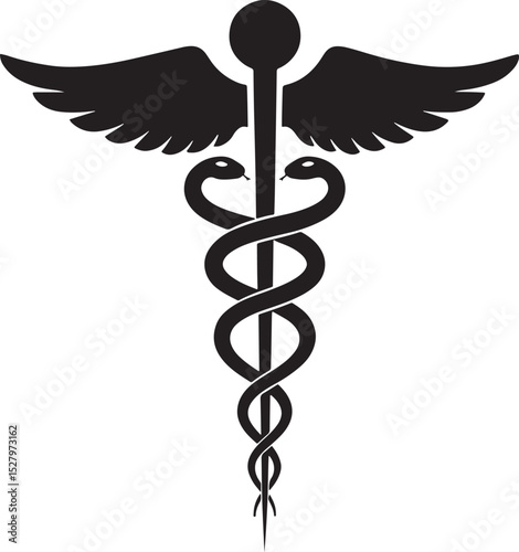 Black Caduceus medical symbol with wings and snakes for healthcare and medicine vector