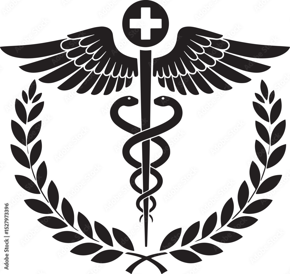 Fototapeta premium Caduceus medical symbol with cross and wings in laurel wreath for health and medicine vector