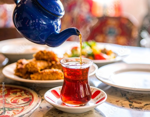 A traditional Turkish scene: tea pours from a blue teapot into a white saucer, steam rising, hinting at a fresh brew. A cozy meal unfolds with vegetables on the table, exuding warmth and hospitality. photo
