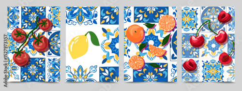 Summer vacation Mediterranean fruit poster collection. Trendy Coastal pattern for plant background, wedding invitation, greeting card, packaging, poster. Tomatoes, lemon, orange and cherry.