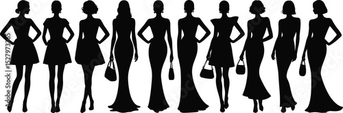Silhouette fashion women, elegant poses, evening gown, handbag style, runway models, vector art, chic dresses, modern feminine style