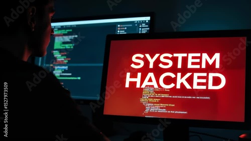 Cybersecurity breach concept with hacked system alert on computer screen in dark office. A hacker on a computer. 