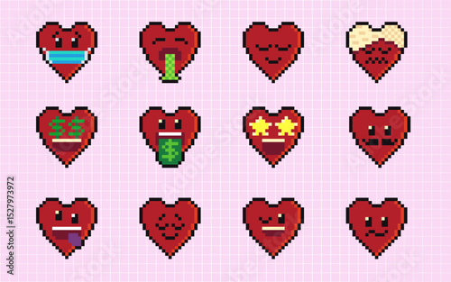 Hearts smile emoji vector pixel icons isolated on the background. Vector illustration. Red flat design. Vintage love symbol, 8-bit vector illustration for a computer and internet game