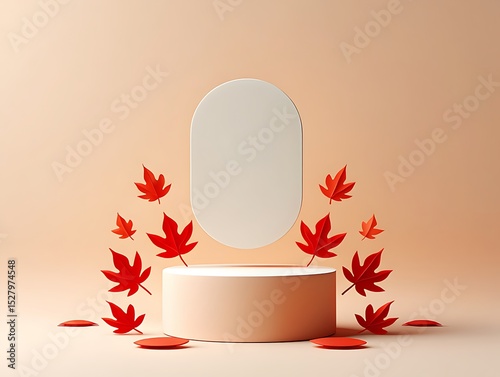 Elegant Autumn Display Minimalist Product Presentation with Red Maple Leaves and Peach Podium