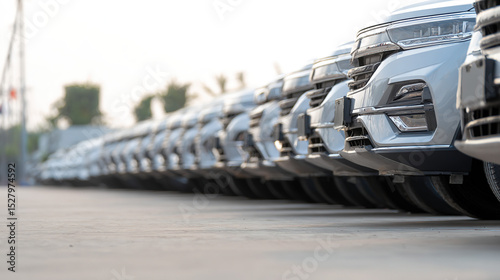 Shiny new cars lined up in a dealership, showcasing modern automotive elegance and sleek design.