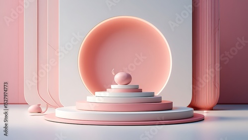 Elegant Pastel Pink and White 3D Render Minimalist Geometric Shapes, Product Display Platform, Abstract Art Background