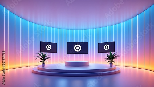 Futuristic Virtual Studio Stage Neon Lights, Modern Design, 3D Render