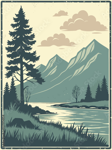 Mountain landscape with river and pine trees. Vector illustration in retro style.