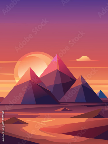 Egyptian pyramids on sunset background. Vector illustration in flat style