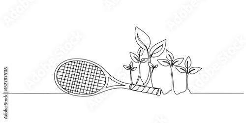 Continuous one line drawing of a tennis racket sprouting leaves, representing energy and growth, line art style vector illustration.