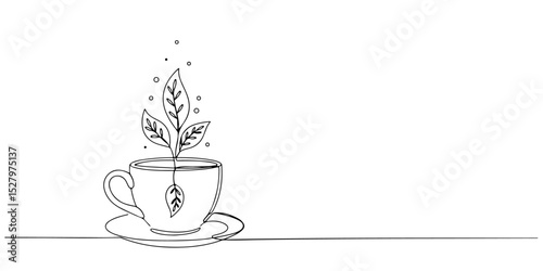 Continuous one line drawing of tea cup with leaves forming steam, representing calmness and nature, line art style vector illustration.