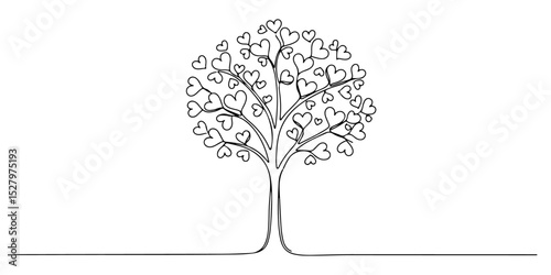 Continuous one line drawing of a tree with heart shaped leaves, representing life and love, line art style vector illustration.