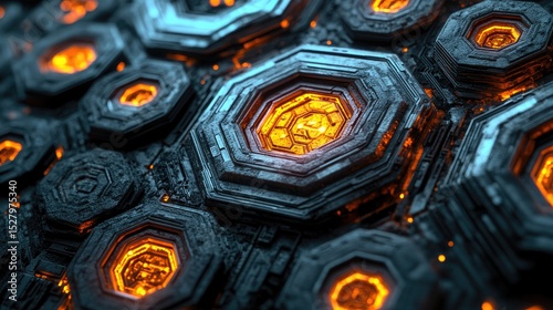 Detailed view of a futuristic, intricate honeycomb-like structure.
