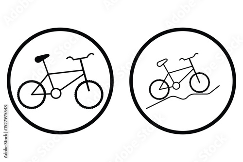 Bicycle icon design with outline style round label concept for mountain biking and outdoor cycling vector symbol illustration.