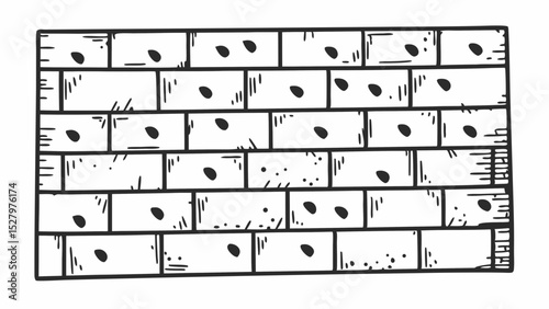 Black and White close up image shows textured, weathered brick wall with distinct markings, Vintage style