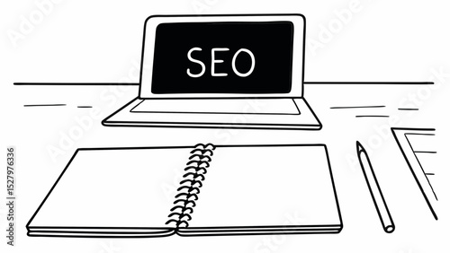 Black and White SEO Sign, Blank notepad sits wooden desk next to laptop displaying SEO. This scene evokes sense, Vintage style