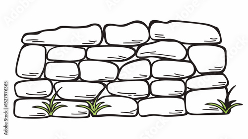 Black and White close up shot shows stone wall made of irregular stones with green grass, Vintage style