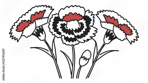 Black and White Vibrant illustration of red and black flowers with delicate petals and green stems, Vintage style