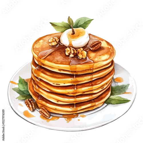Pumpkin Spice Pancakes, watercolor painting vector, high quality, isolated on a white background.