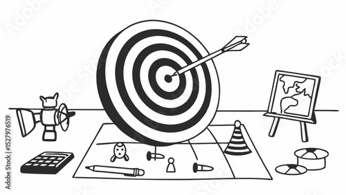 Black and White dartboard with arrow bullseye, surrounded by various objects like calculator, toys, and map, Vintage style