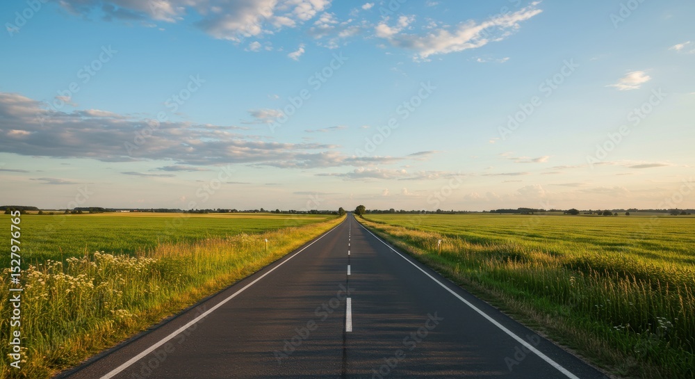 Fototapeta premium Road stretches through grassy fields, under a blue sky with scattered white clouds