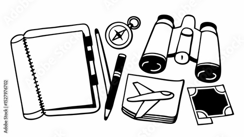 Black and White Travel essentials include notebook, pen, compass, binoculars, and map for adventure, Vintage style