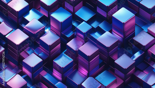 A vibrant array of stacked metallic cubes in shades of blue and purple creating an abstract pattern