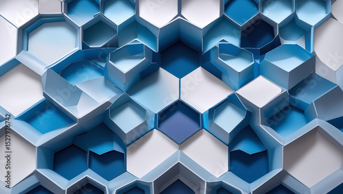 A close up of a blue and white hexagonal patterned surface with a three dimensional appearance