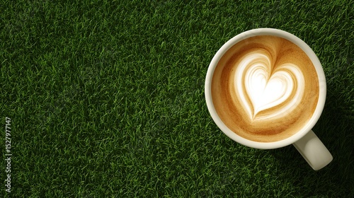 White cup of coffee with heart-shaped latte art on green grass background, side view in minimalist style, wide-angle lens for coffee shop advertisement, high-resolution with soft and accent lighting.