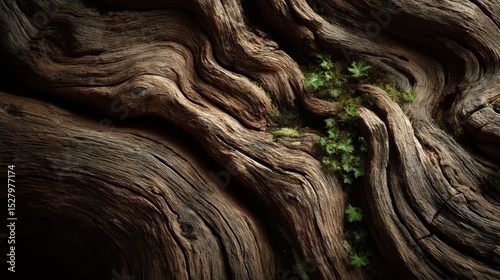 Natural aged wood texture showing intricate grain patterns and vibrant green moss