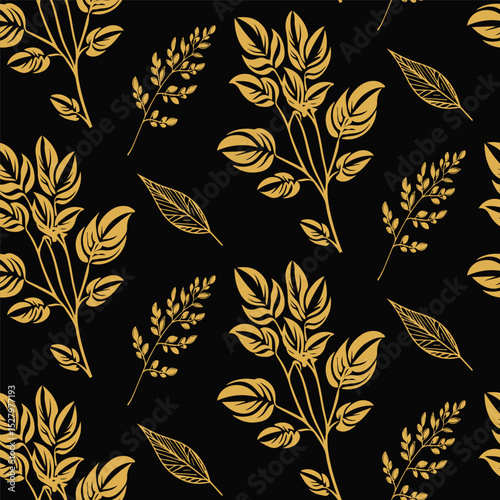 Luxury seamless pattern with a mix of golden botanical leaves and branches on a black background. An elegant and organic design for sophisticated textiles and decor.