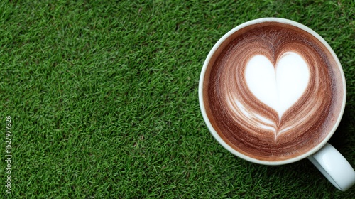 White cup of coffee with heart-shaped latte art on green grass background, side view in minimalist style, wide-angle lens for coffee shop advertisement, high-resolution with soft and accent lighting.